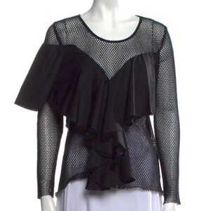 Each x Other Paris Black Mesh Long Sleeve Asymmetrical Raw Edge Ruffle Top NWT